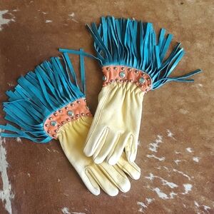 Turqouise And Buckskin  Fringed Leather Gloves with Studded Accents